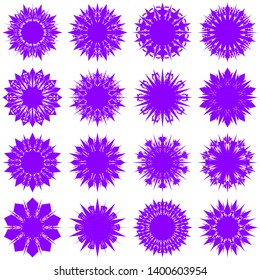 Violet Flowers / Pseudo-Snowflakes on white background. Sharp set of 16 items. 10 (ten) angles. - Vector