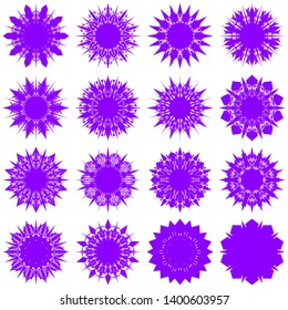 Violet Flowers / Pseudo-Snowflakes on white background. Sharp set of 16 items. 10 (ten) angles. - Vector