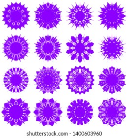 Violet Flowers / Pseudo-Snowflakes on white background. Sharp set of 16 items. 10 (ten) angles. - Vector