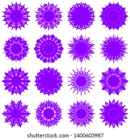 Violet Flowers / Pseudo-Snowflakes on white background. Sharp set of 16 items. 10 (ten) angles. - Vector