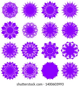 Violet Flowers / Pseudo-Snowflakes on white background. Sharp set of 16 items. 10 (ten) angles. - Vector