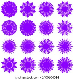 Violet Flowers / Pseudo-Snowflakes on white background. Sharp set of 16 items. 10 (ten) angles. - Vector