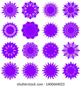 Violet Flowers / Pseudo-Snowflakes on white background. Sharp set of 16 items. 10 (ten) angles. - Vector