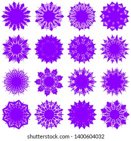 Violet Flowers / Pseudo-Snowflakes on white background. Sharp set of 16 items. 9 (nine) angles. - Vector