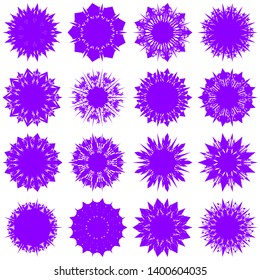 Violet Flowers / Pseudo-Snowflakes on white background. Sharp set of 16 items. 9 (nine) angles. - Vector