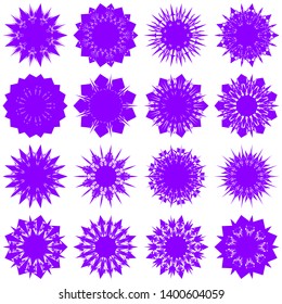 Violet Flowers / Pseudo-Snowflakes on white background. Sharp set of 16 items. 9 (nine) angles. - Vector