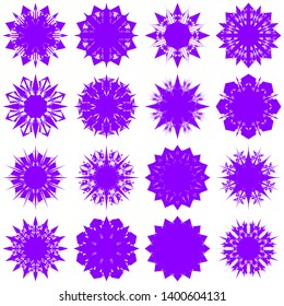 Violet Flowers / Pseudo-Snowflakes on white background. Sharp set of 16 items. 8 (eight) angles. - Vector