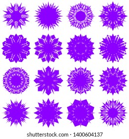 Violet Flowers / Pseudo-Snowflakes on white background. Sharp set of 16 items. 8 (eight) angles. - Vector