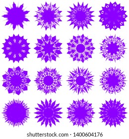 Violet Flowers / Pseudo-Snowflakes on white background. Sharp set of 16 items. 9 (nine) angles. - Vector