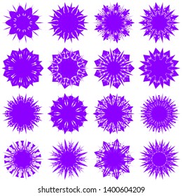 Violet Flowers / Pseudo-Snowflakes on white background. Sharp set of 16 items. 9 (nine) angles. - Vector