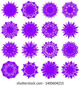 Violet Flowers / Pseudo-Snowflakes on white background. Sharp set of 16 items. 9 (nine) angles. - Vector