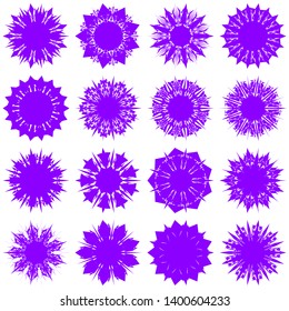 Violet Flowers / Pseudo-Snowflakes on white background. Sharp set of 16 items. 9 (nine) angles. - Vector
