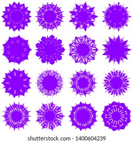 Violet Flowers / Pseudo-Snowflakes on white background. Sharp set of 16 items. 9 (nine) angles. - Vector