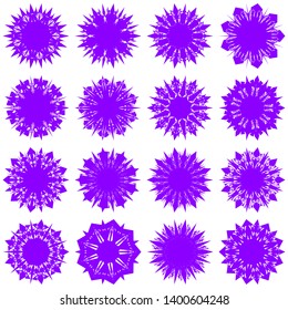 Violet Flowers / Pseudo-Snowflakes on white background. Sharp set of 16 items. 9 (nine) angles. - Vector