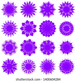 Violet Flowers / Pseudo-Snowflakes on white background. Sharp set of 16 items. 9 (nine) angles. - Vector