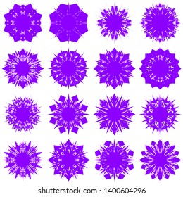 Violet Flowers / Pseudo-Snowflakes on white background. Sharp set of 16 items. 8 (eight) angles. - Vector