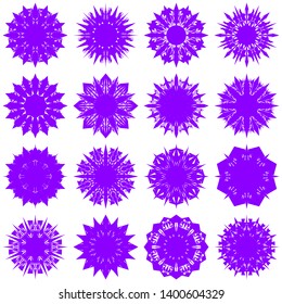 Violet Flowers / Pseudo-Snowflakes on white background. Sharp set of 16 items. 8 (eight) angles. - Vector