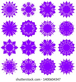 Violet Flowers / Pseudo-Snowflakes on white background. Sharp set of 16 items. 8 (eight) angles. - Vector