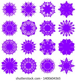 Violet Flowers / Pseudo-Snowflakes on white background. Sharp set of 16 items. 8 (eight) angles. - Vector