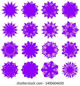 Violet Flowers / Pseudo-Snowflakes on white background. Sharp set of 16 items. 7 (seven) angles. - Vector