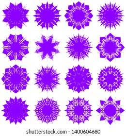 Violet Flowers / Pseudo-Snowflakes on white background. Sharp set of 16 items. 8 (eight) angles. - Vector