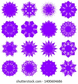 Violet Flowers / Pseudo-Snowflakes on white background. Sharp set of 16 items. 8 (eight) angles. - Vector