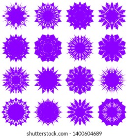 Violet Flowers / Pseudo-Snowflakes on white background. Sharp set of 16 items. 8 (eight) angles. - Vector