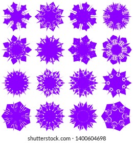 Violet Flowers / Pseudo-Snowflakes on white background. Sharp set of 16 items. 7 (seven) angles. - Vector