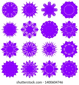 Violet Flowers / Pseudo-Snowflakes on white background. Sharp set of 16 items. 8 (eight) angles. - Vector