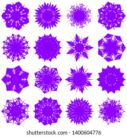 Violet Flowers / Pseudo-Snowflakes on white background. Sharp set of 16 items. 7 (seven) angles. - Vector