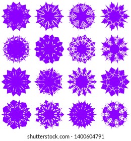 Violet Flowers / Pseudo-Snowflakes on white background. Sharp set of 16 items. 7 (seven) angles. - Vector