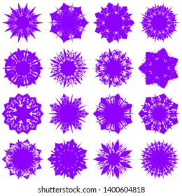 Violet Flowers / Pseudo-Snowflakes on white background. Sharp set of 16 items. 7 (seven) angles. - Vector