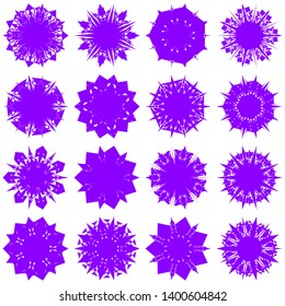 Violet Flowers / Pseudo-Snowflakes on white background. Sharp set of 16 items. 7 (seven) angles. - Vector