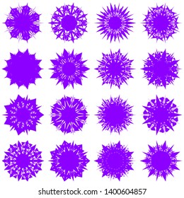 Violet Flowers / Pseudo-Snowflakes on white background. Sharp set of 16 items. 7 (seven) angles. - Vector