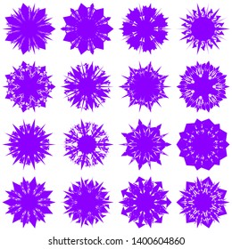 Violet Flowers / Pseudo-Snowflakes on white background. Sharp set of 16 items. 7 (seven) angles. - Vector