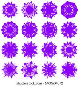 Violet Flowers / Pseudo-Snowflakes on white background. Sharp set of 16 items. 7 (seven) angles. - Vector