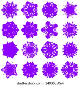 Violet Flowers / Pseudo-Snowflakes on white background. Sharp set of 16 items. 5 (five) angles. - Vector