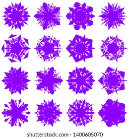 Violet Flowers / Pseudo-Snowflakes on white background. Sharp set of 16 items. 5 (five) angles. - Vector