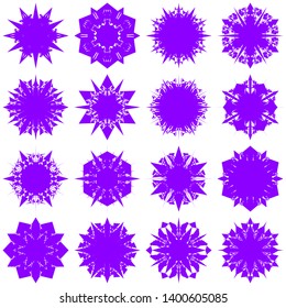 Violet Flowers / Pseudo-Snowflakes on white background. Sharp set of 16 items. 6 (six) angles. - Vector