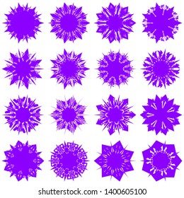 Violet Flowers / Pseudo-Snowflakes on white background. Sharp set of 16 items. 7 (seven) angles. - Vector