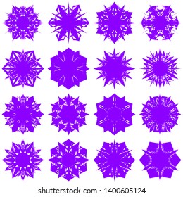 Violet Flowers / Pseudo-Snowflakes on white background. Sharp set of 16 items. 6 (six) angles. - Vector