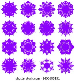 Violet Flowers / Pseudo-Snowflakes on white background. Sharp set of 16 items. 6 (six) angles. - Vector
