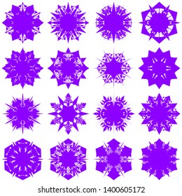 Violet Flowers / Pseudo-Snowflakes on white background. Sharp set of 16 items. 6 (six) angles. - Vector