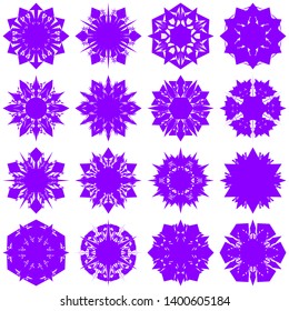 Violet Flowers / Pseudo-Snowflakes on white background. Sharp set of 16 items. 6 (six) angles. - Vector