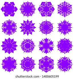 Violet Flowers / Pseudo-Snowflakes on white background. Sharp set of 16 items. 6 (six) angles. - Vector
