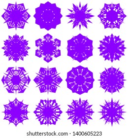 Violet Flowers / Pseudo-Snowflakes on white background. Sharp set of 16 items. 6 (six) angles. - Vector