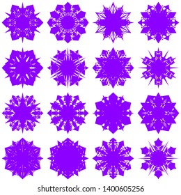Violet Flowers / Pseudo-Snowflakes on white background. Sharp set of 16 items. 6 (six) angles. - Vector