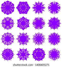 Violet Flowers / Pseudo-Snowflakes on white background. Sharp set of 16 items. 6 (six) angles. - Vector