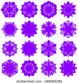 Violet Flowers / Pseudo-Snowflakes on white background. Sharp set of 16 items. 6 (six) angles. - Vector