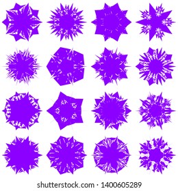 Violet Flowers / Pseudo-Snowflakes on white background. Sharp set of 16 items. 5 (five) angles. - Vector